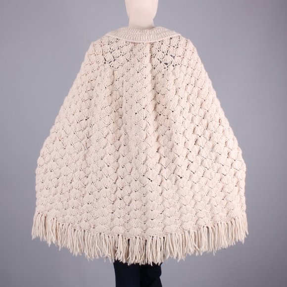 Vintage 60s Crochet Sweater Knit Fringe Poncho - Picture 3 of 6